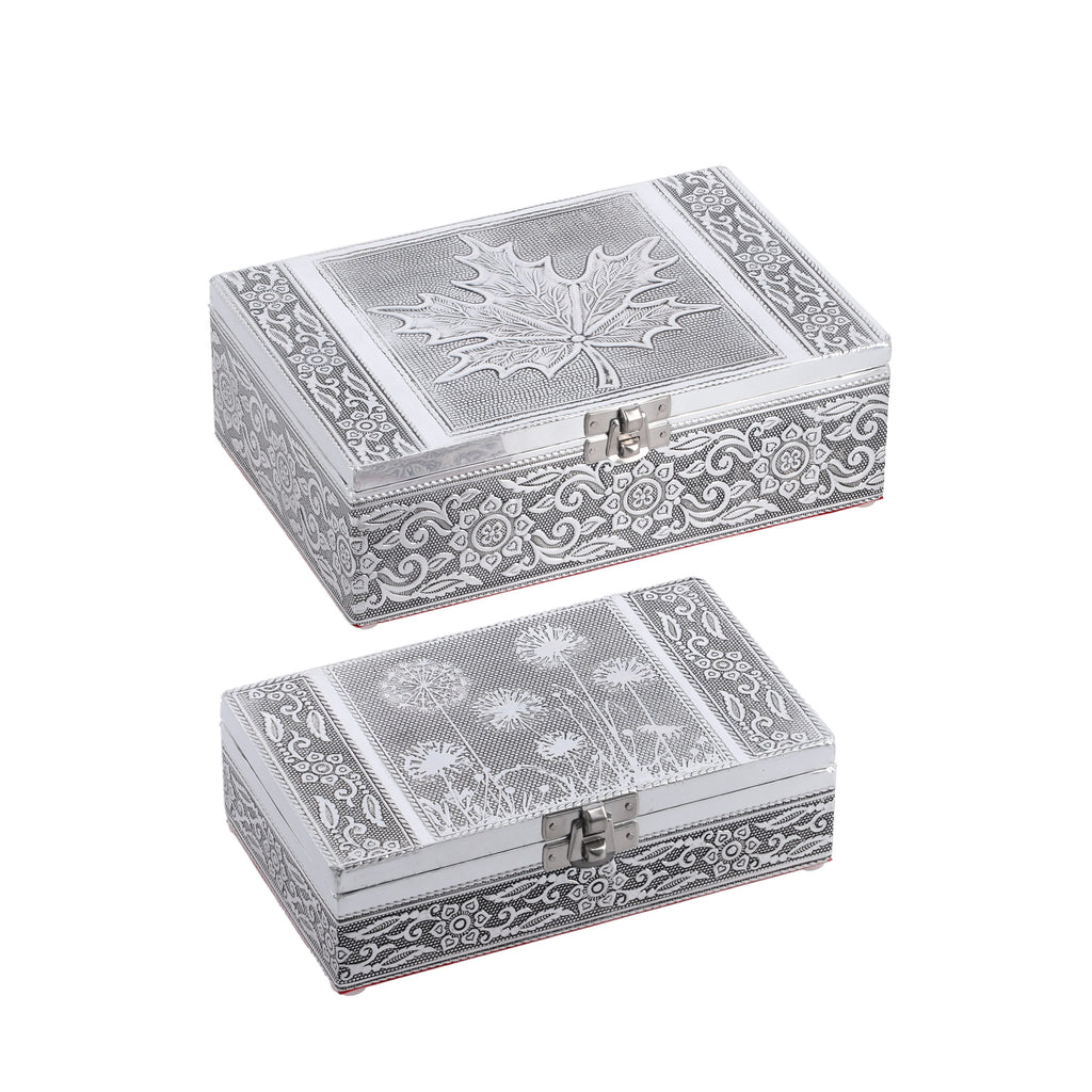 Set of 2 - Leaves Embossed Aluminium Storage Box (Size 20x13x7 Cm - 16x10x5 Cm)