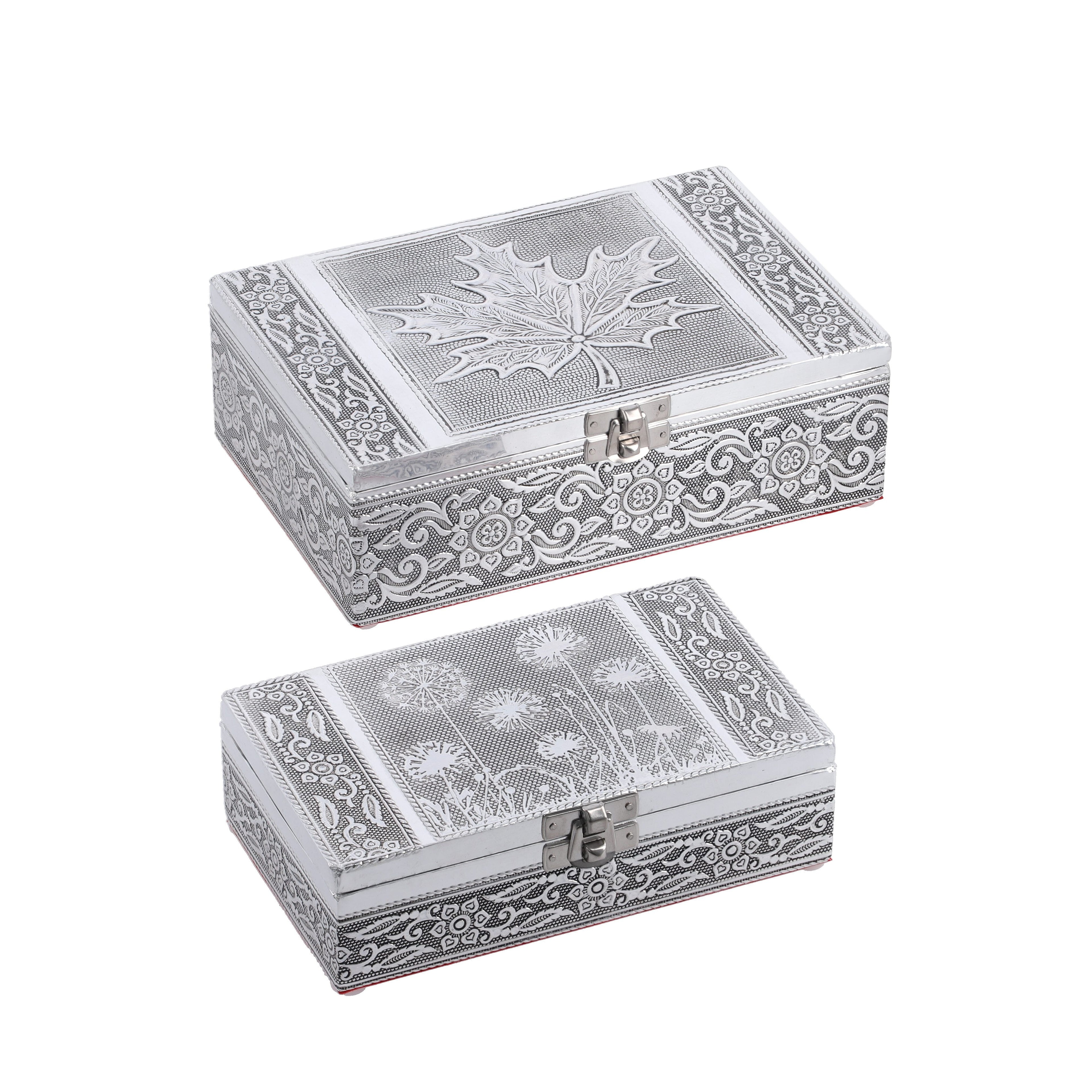 Set of 2 - Leaves Embossed Aluminium Storage Box (Size 20x13x7 Cm - 16x10x5 Cm)