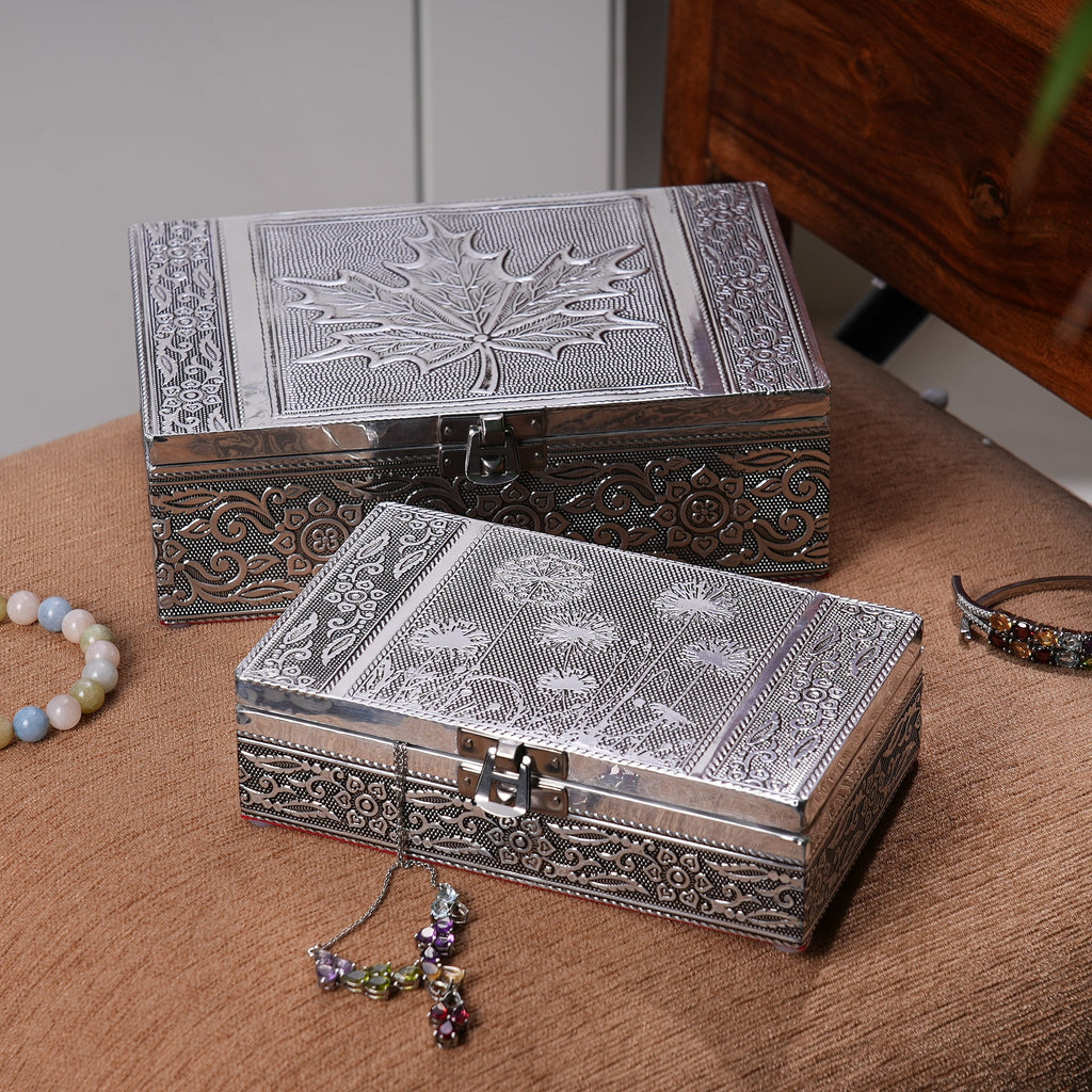 Set of 2 - Leaves Embossed Aluminium Storage Box (Size 20x13x7 Cm - 16x10x5 Cm)