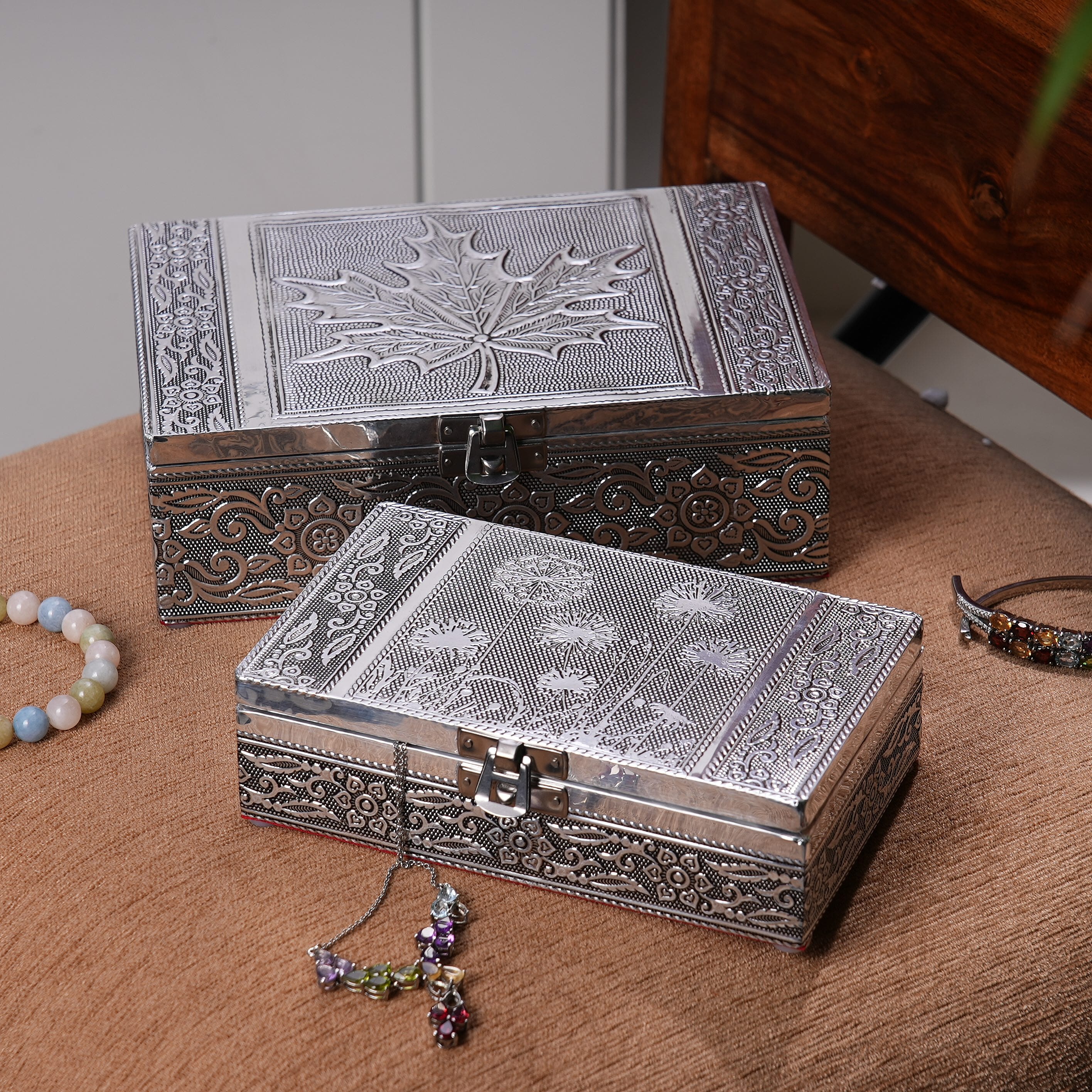 Set of 2 - Leaves Embossed Aluminium Storage Box (Size 20x13x7 Cm - 16x10x5 Cm)