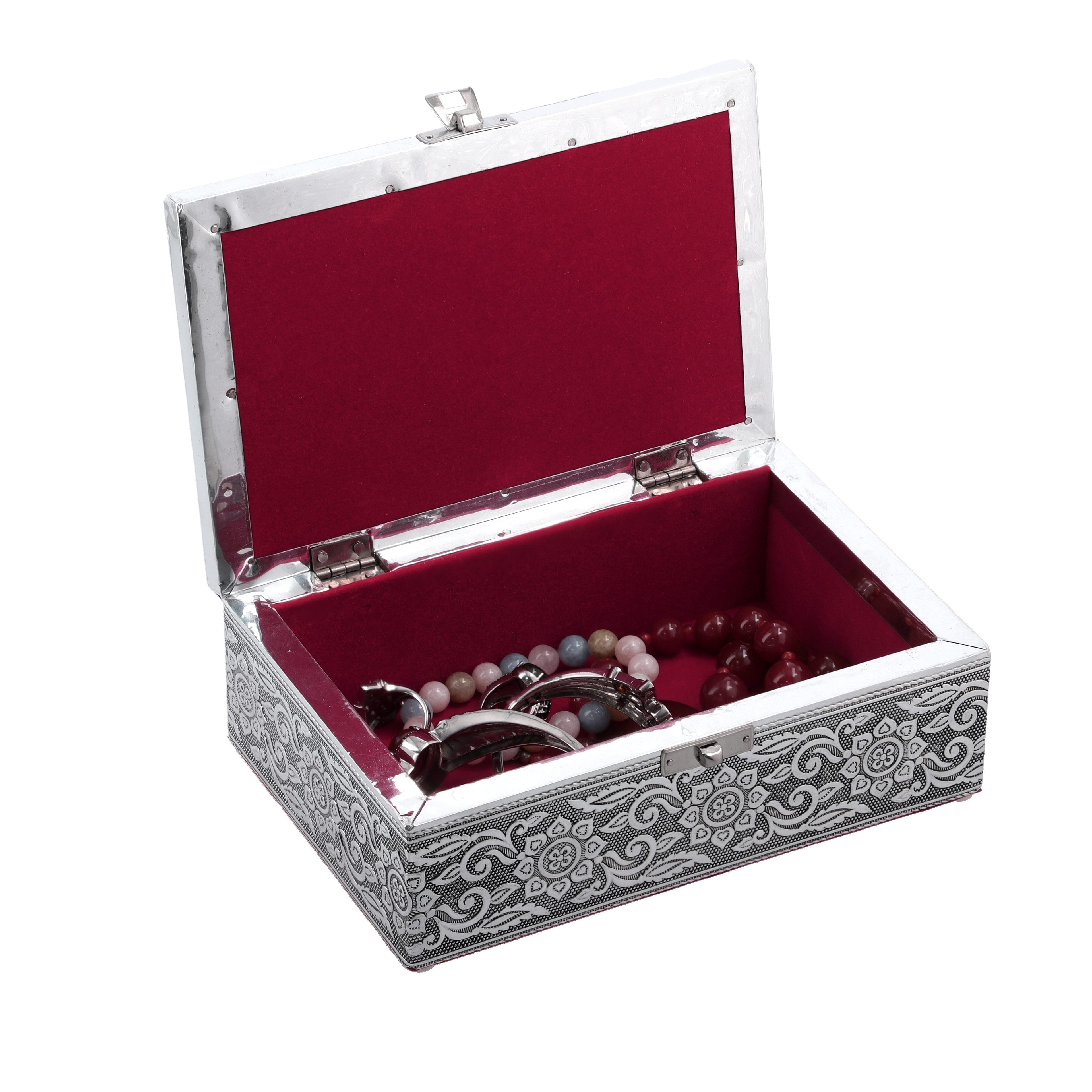 Set of 2 - Leaves Embossed Aluminium Storage Box (Size 20x13x7 Cm - 16x10x5 Cm)