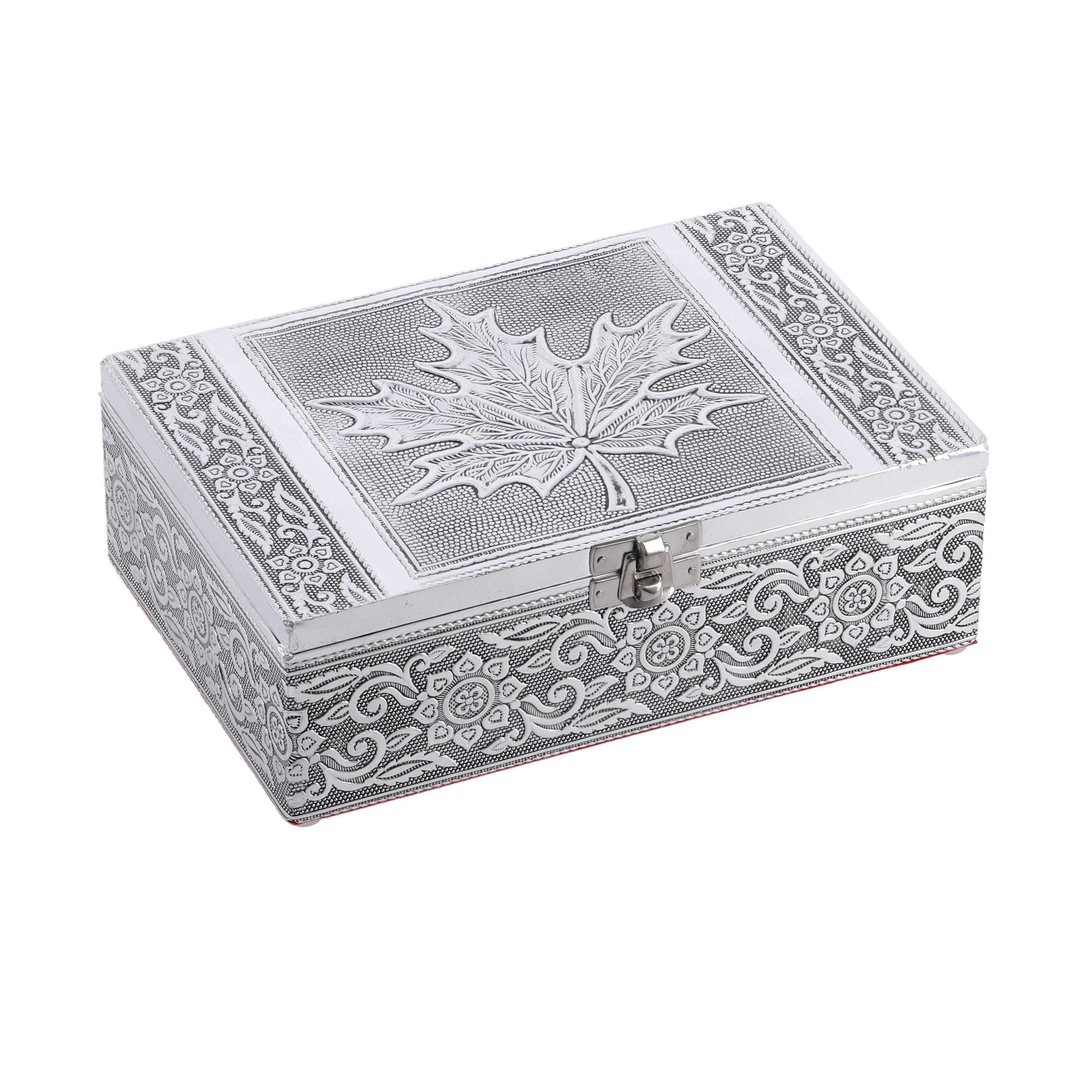 Set of 2 - Leaves Embossed Aluminium Storage Box (Size 20x13x7 Cm - 16x10x5 Cm)