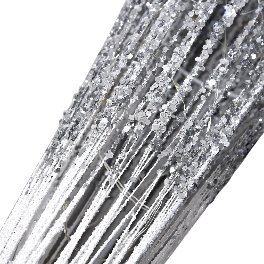Set of 3 - Metal Wire Cone with Cotton Thread, Glitters and 10-20-30 Warm Micro String Lights - Silver