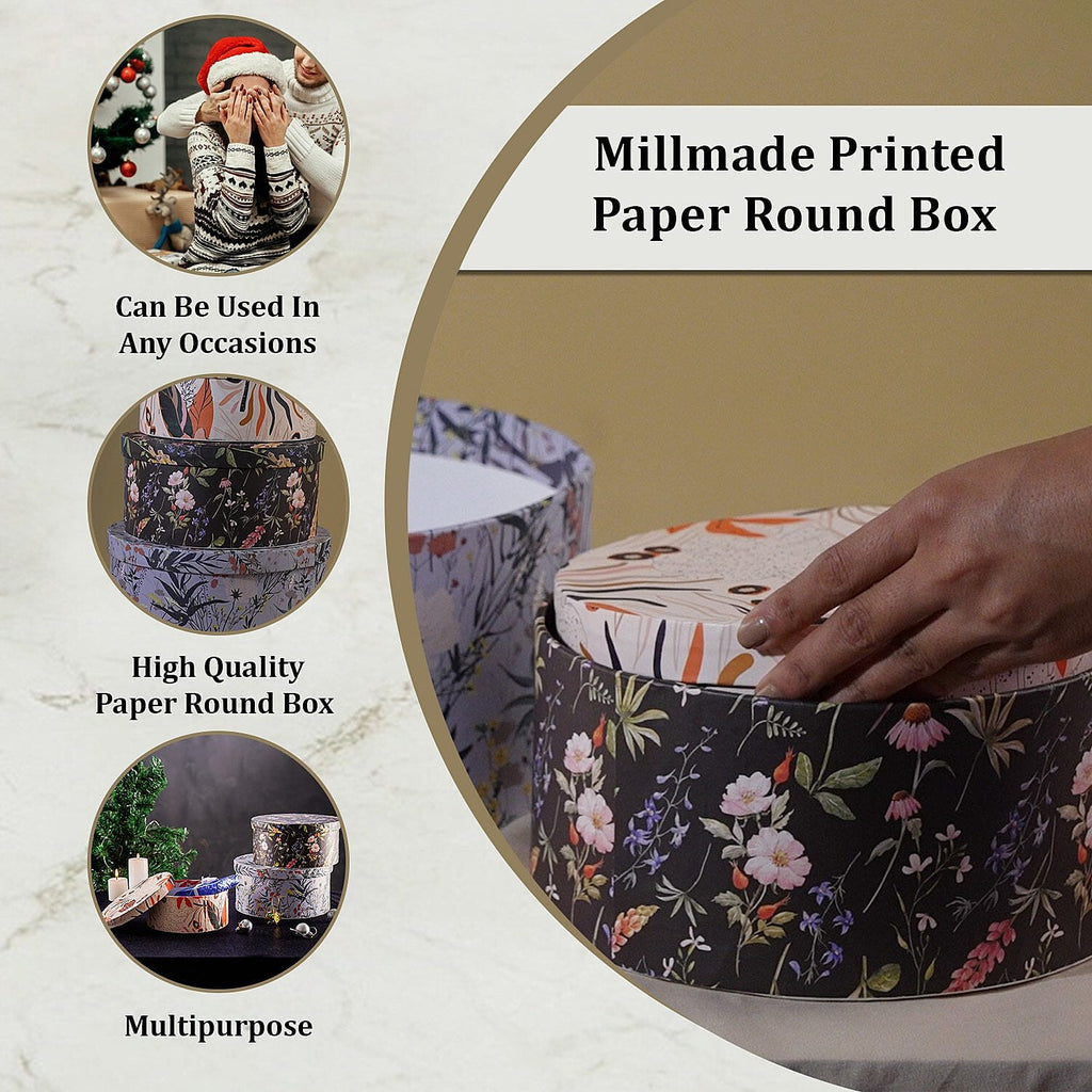 Set of 3 - Millmade Printed Round Multipurpose Gift Box - Multi and Black