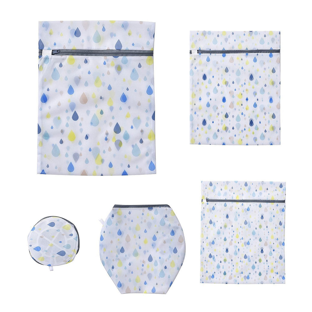 Set of 5 - Rain Drop Printed Laundry Bags with Zip Closure - White and Blue