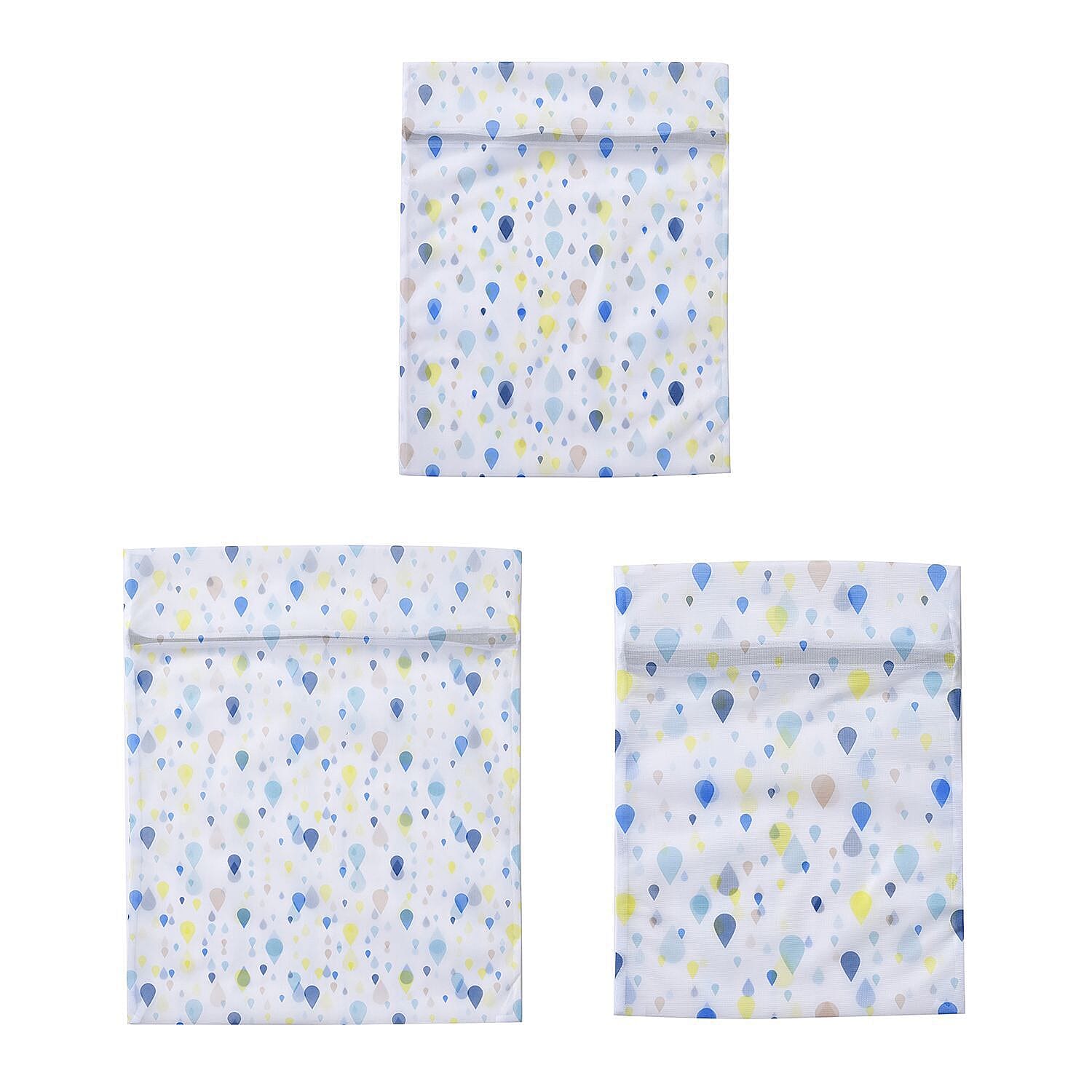Set of 5 - Rain Drop Printed Laundry Bags with Zip Closure - White and Blue