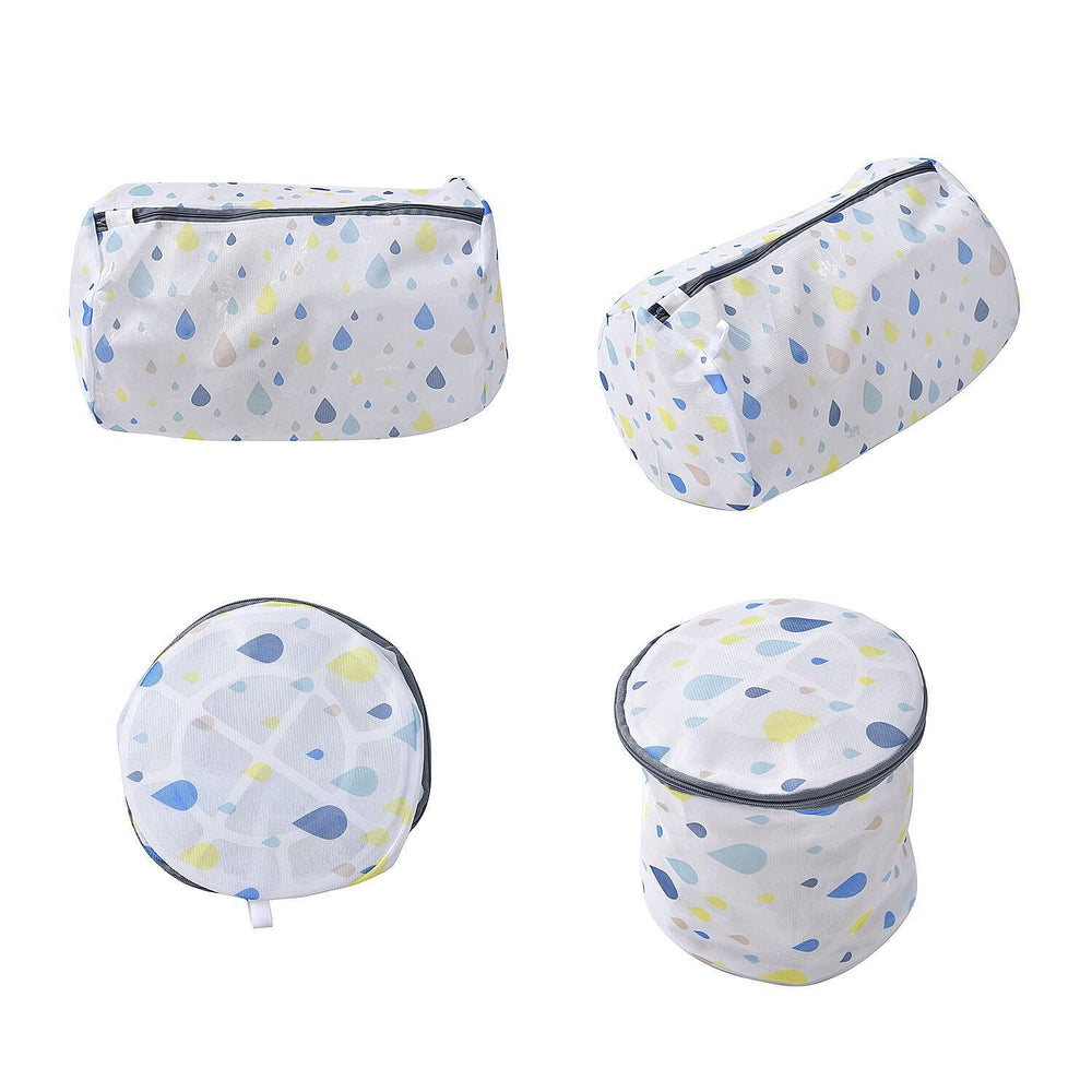 Set of 5 - Rain Drop Printed Laundry Bags with Zip Closure - White and Blue