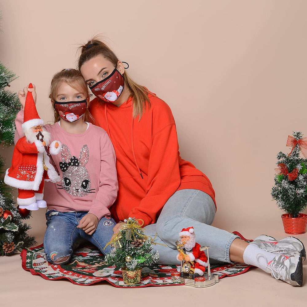 Set of 2 - Santa Claus, Bear & Reindeer Christmas Print Anti-Bacterial Cotton Face Covering (Adult and Kid) with Filter - Burgundy