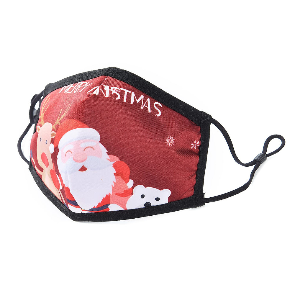 Set of 2 - Santa Claus, Bear & Reindeer Christmas Print Anti-Bacterial Cotton Face Covering (Adult and Kid) with Filter - Burgundy