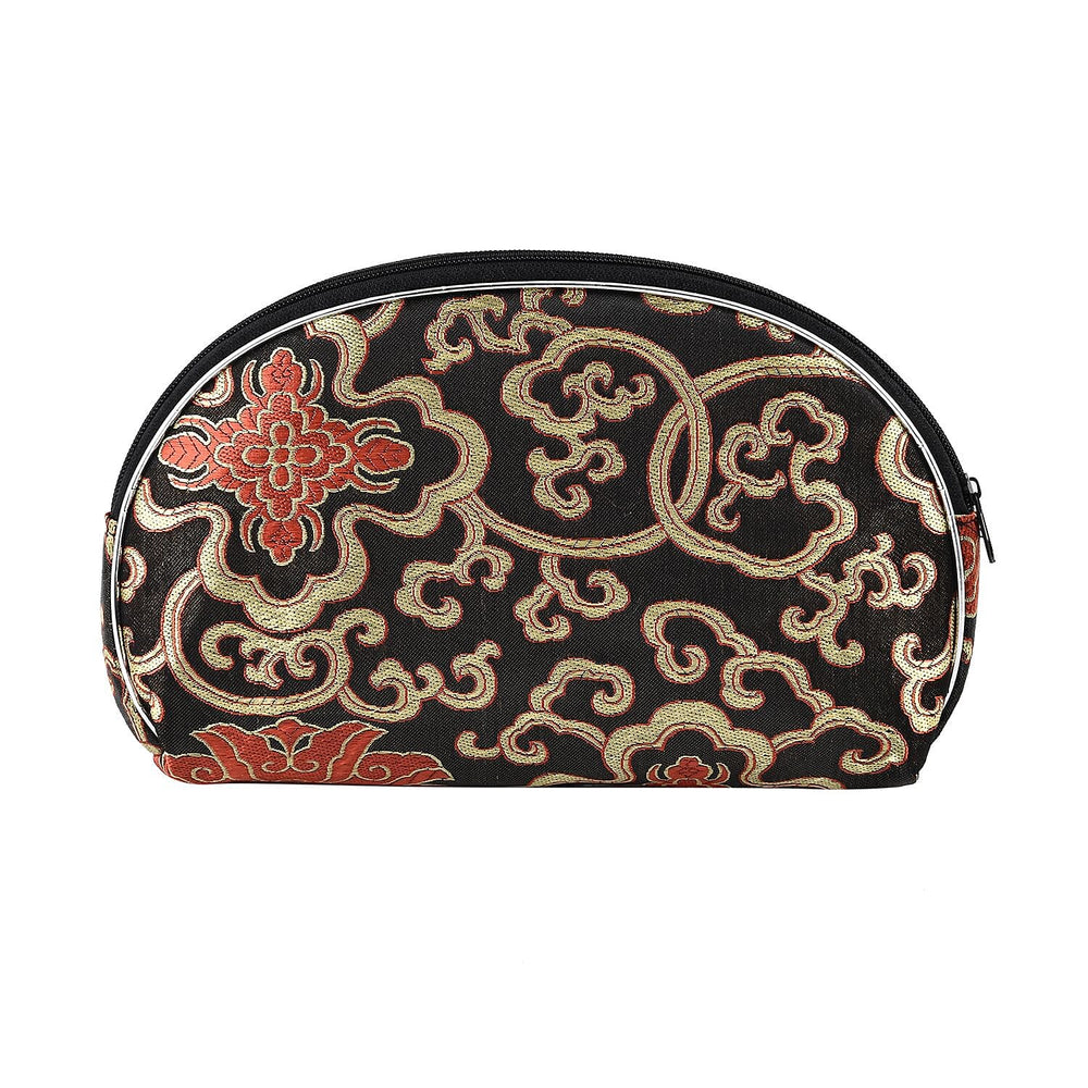 Set of 10 Embroidered Floral Pattern Multipurpose Bags with Zipper Closure - Black - Red