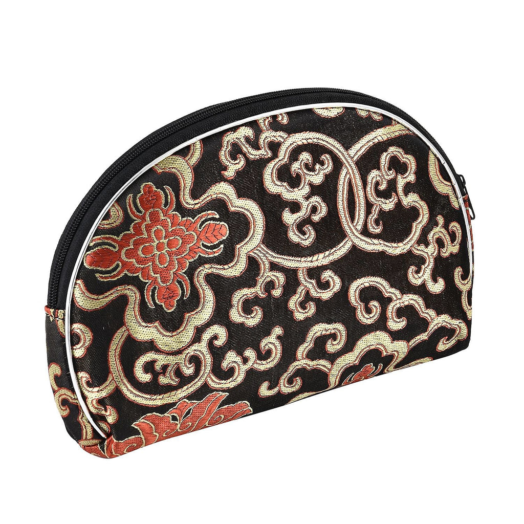 Set of 10 Embroidered Floral Pattern Multipurpose Bags with Zipper Closure - Black - Red