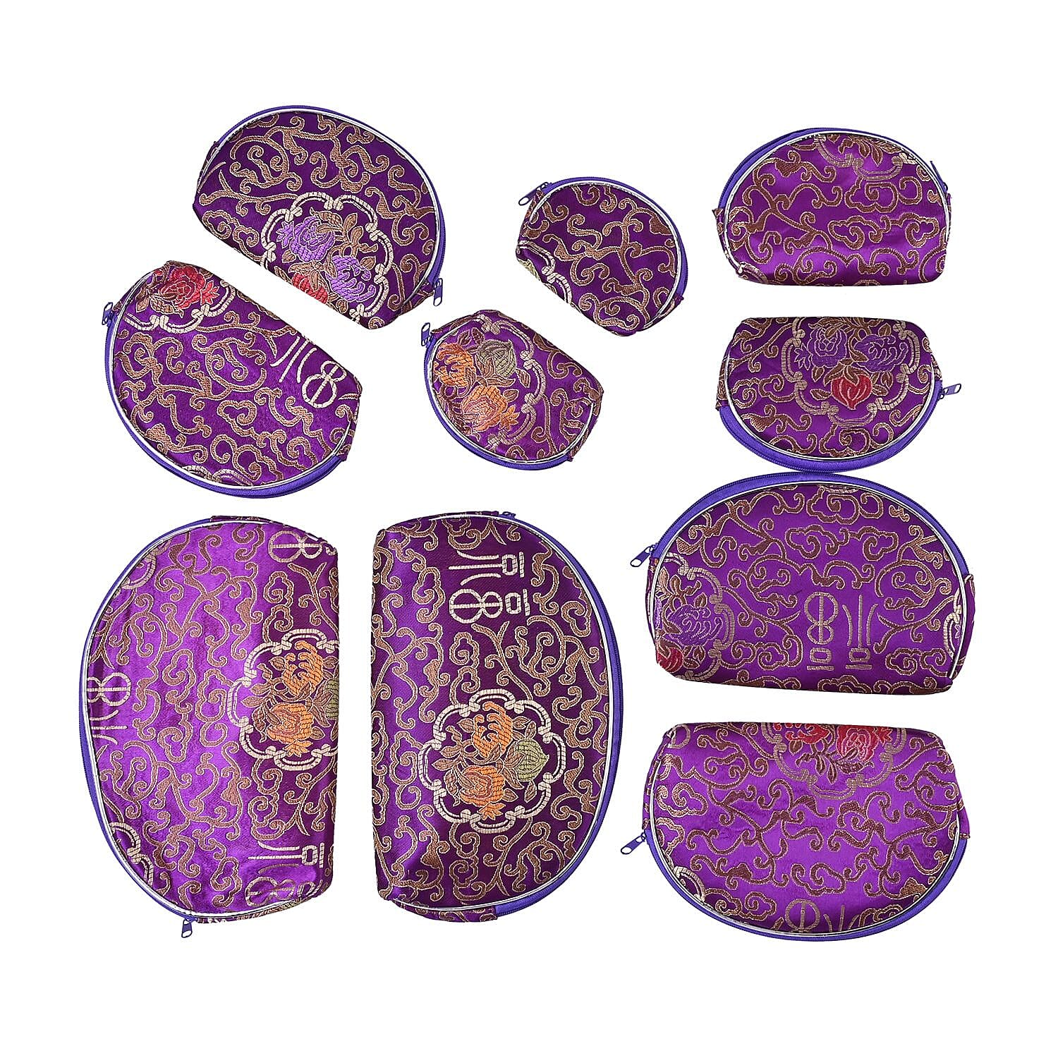 Set of 10 Multi- Purpose Embroidered Jewellery Box with Zipper - Purple