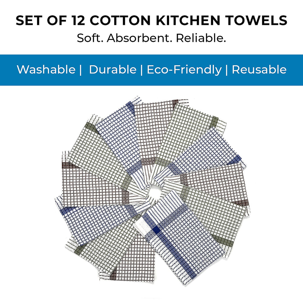 Hush Haven Set of 12- Cotton Kitchen Towels (55x35cm) - Blue, Brown - Green