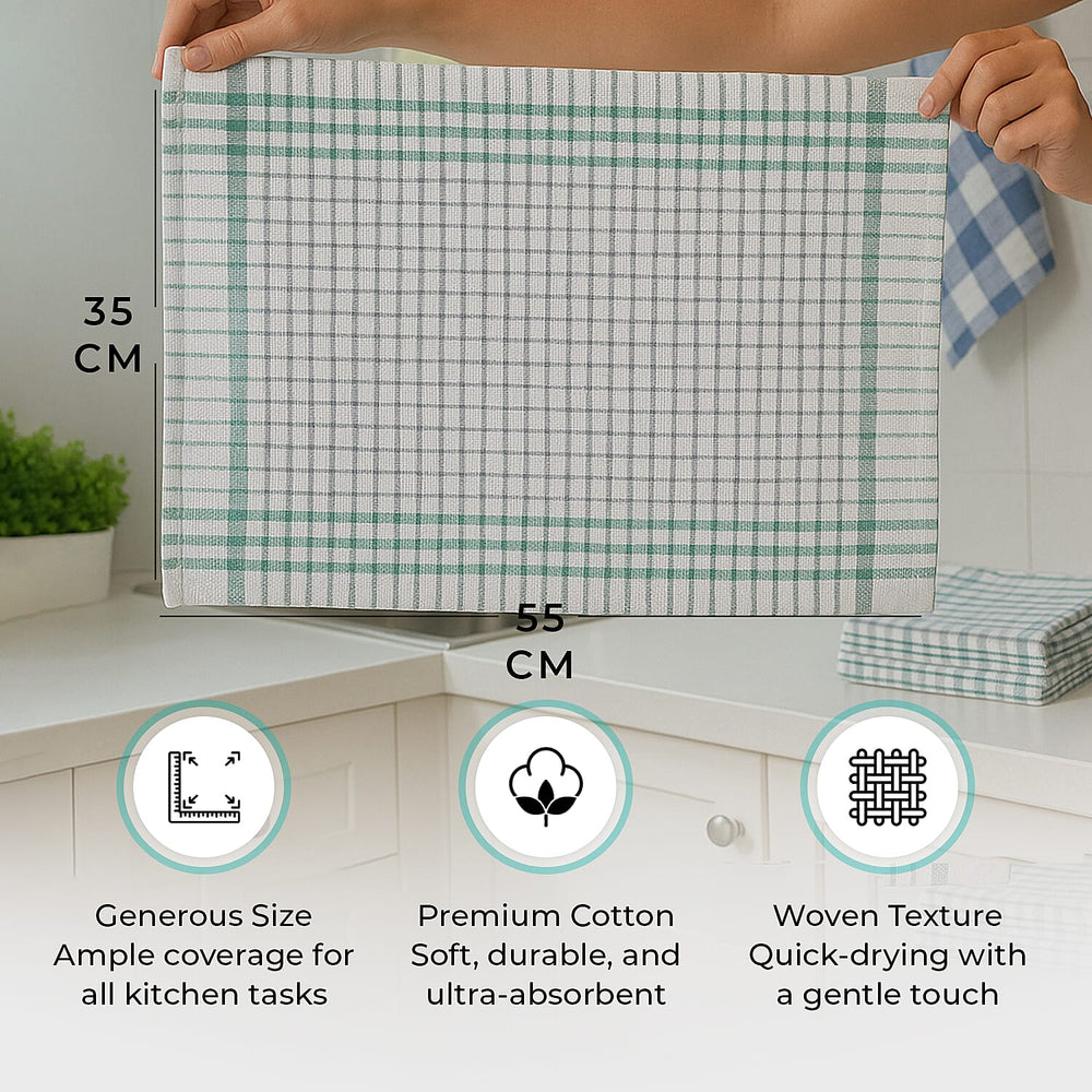 Hush Haven Set of 12- Cotton Kitchen Towels (Size 55x35cm) - Turquoise - White