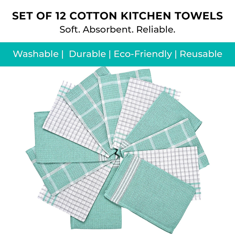 Hush Haven Set of 12- Cotton Kitchen Towels (Size 55x35cm) - Turquoise - White