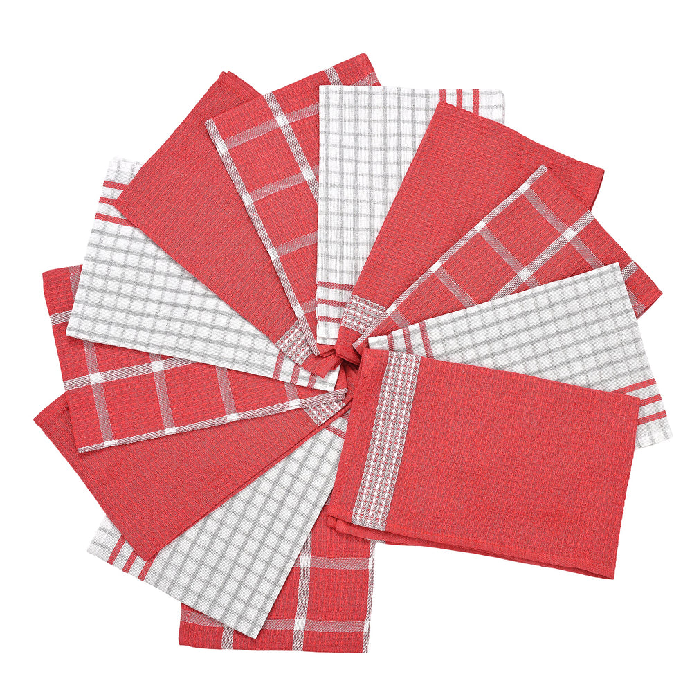 Hush Haven Set of 12- Cotton Kitchen Towels (Size 55x35cm) - Red - White
