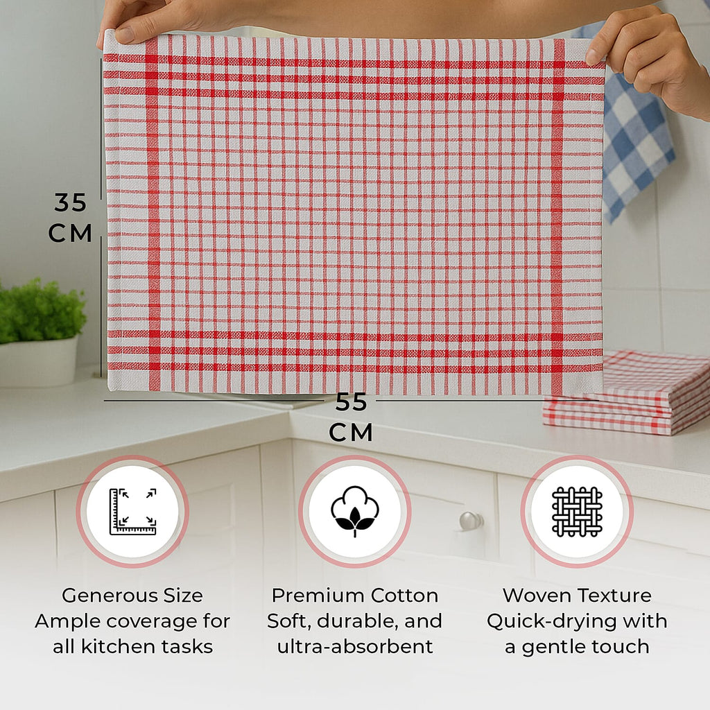 Hush Haven Set of 12- Cotton Kitchen Towels (Size 55x35cm) - Red - White