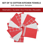 Hush Haven Set of 12- Cotton Kitchen Towels (Size 55x35cm) - Red - White