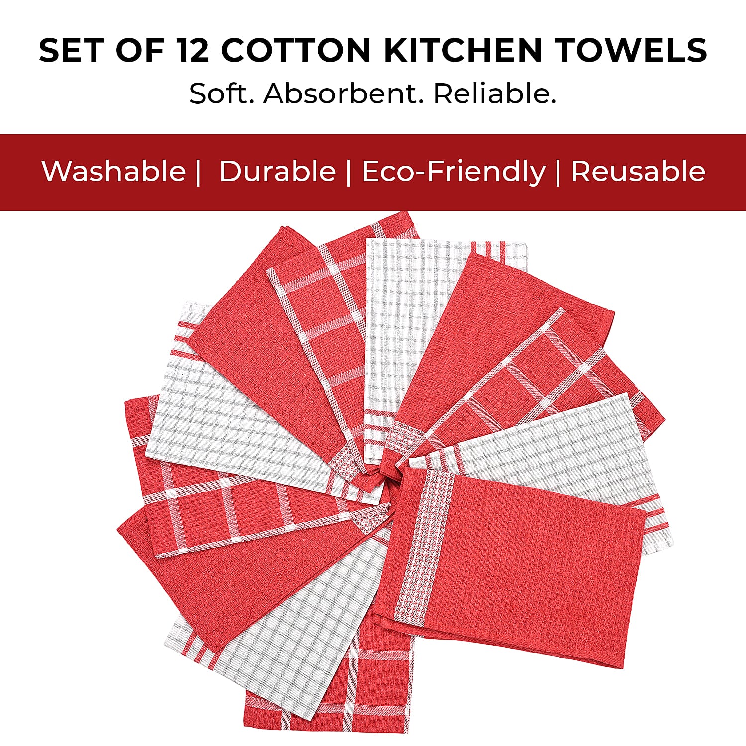 Hush Haven Set of 12- Cotton Kitchen Towels (Size 55x35cm) - Red - White