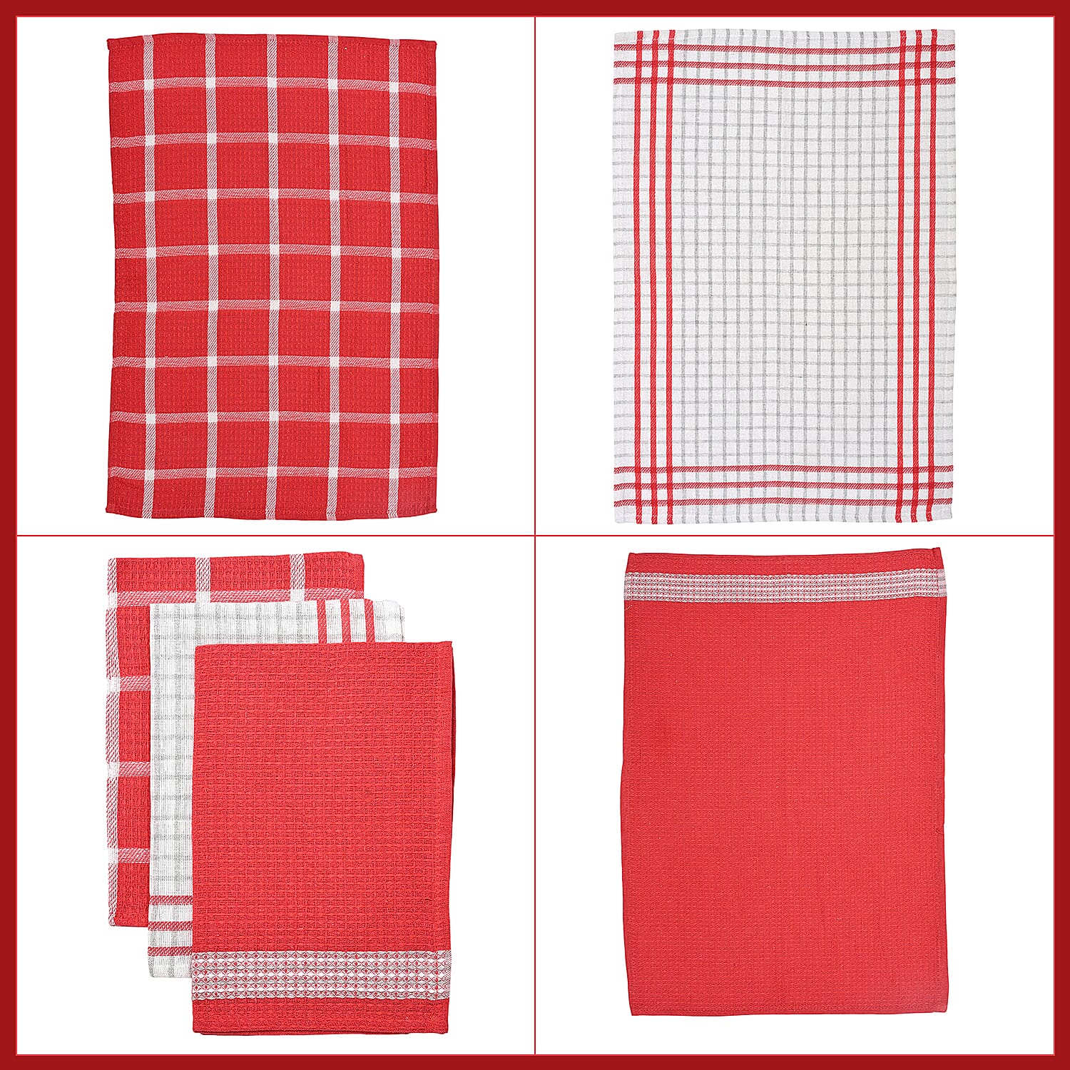 Hush Haven Set of 12- Cotton Kitchen Towels (Size 55x35cm) - Red - White
