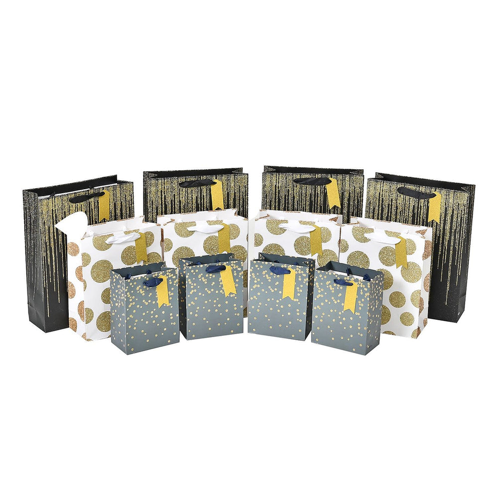 Set of 12 Eco Friendly Gift Bags with Gold Foiling prints for all occasions (Lx4-Black, Mx4-White, Sx4 - Blue)