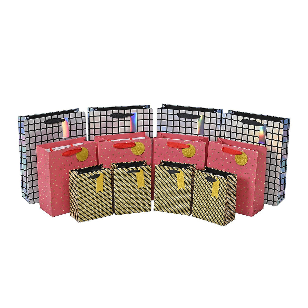 Set of 12 Eco Friendly Gift Bags with Gold Foiling Prints for All Occasions (Size -