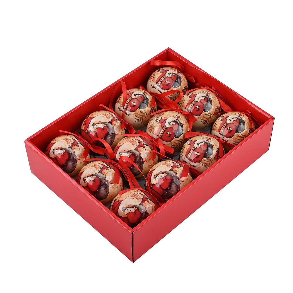 Set of 12 Santa Claus with Bird Pattern Christmas Decoration Balls with Ribbon and Gift Box- White - Red