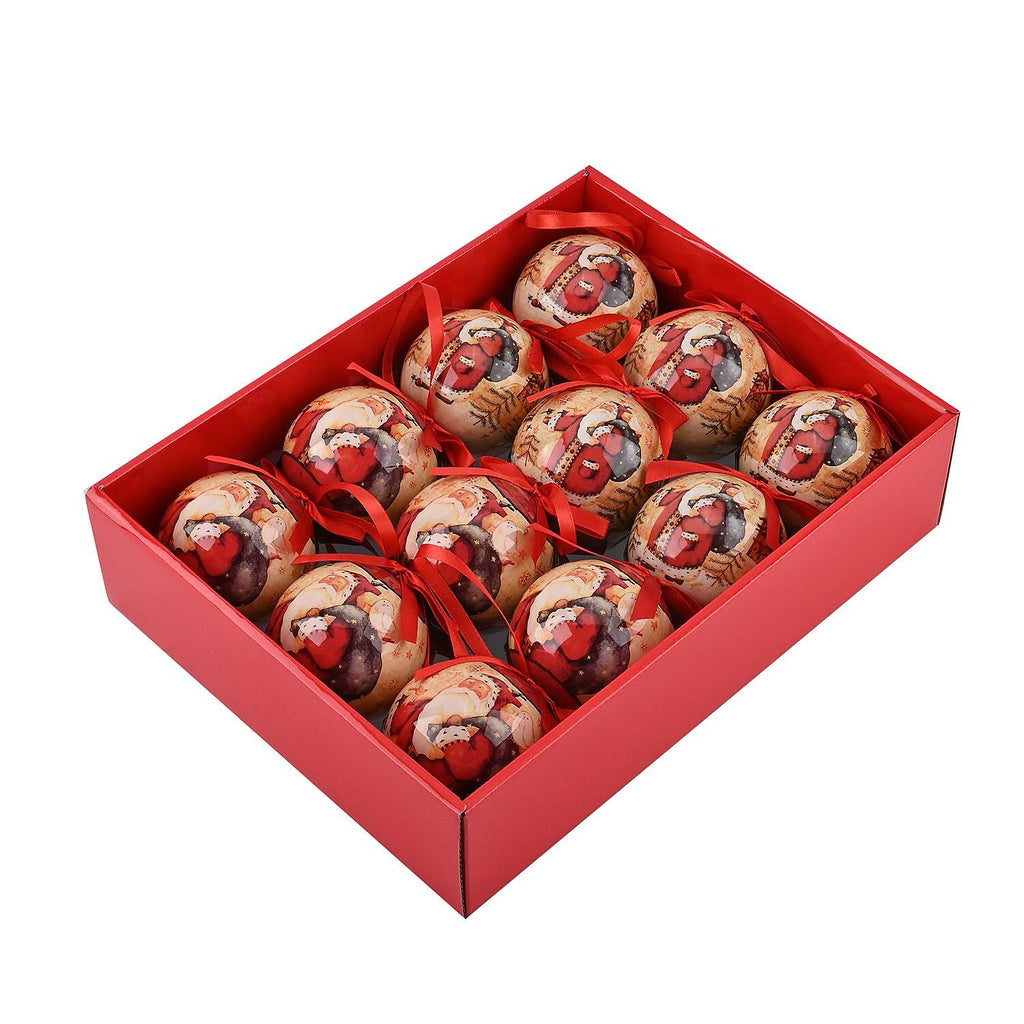 Set of 12 Santa Claus with Bird Pattern Christmas Decoration Balls with Ribbon and Gift Box- White - Red