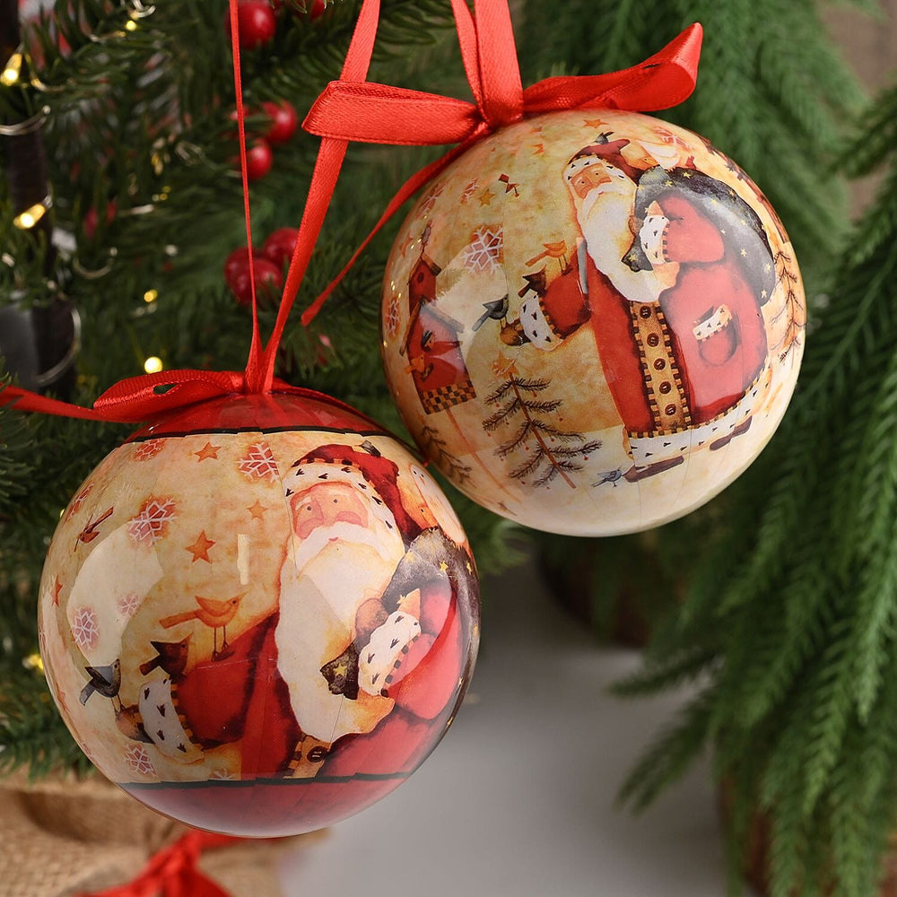 Set of 12 Santa Claus with Bird Pattern Christmas Decoration Balls with Ribbon and Gift Box- White - Red