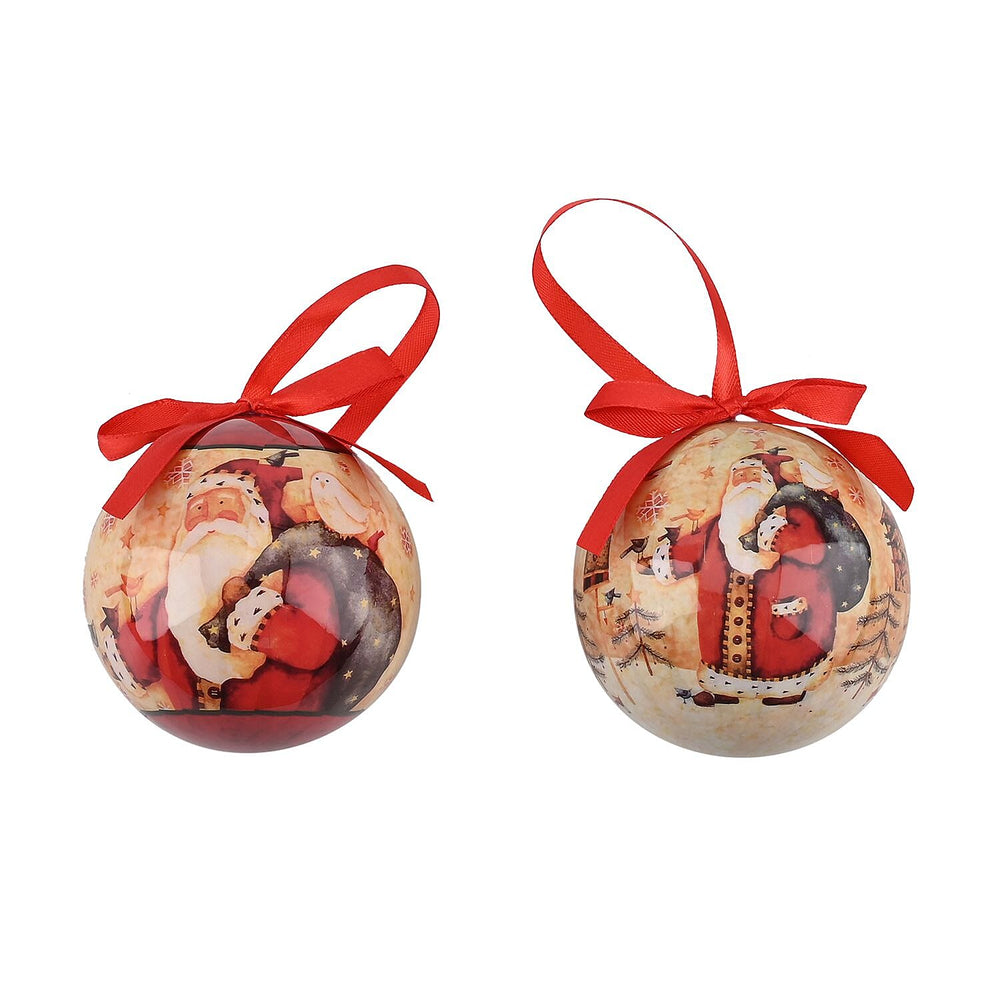 Set of 12 Santa Claus with Bird Pattern Christmas Decoration Balls with Ribbon and Gift Box- White - Red