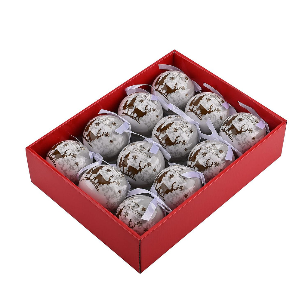 Set of 12 Tree - Deer Pattern Christmas Decoration Balls with Ribbon and Gift Box- White - Red
