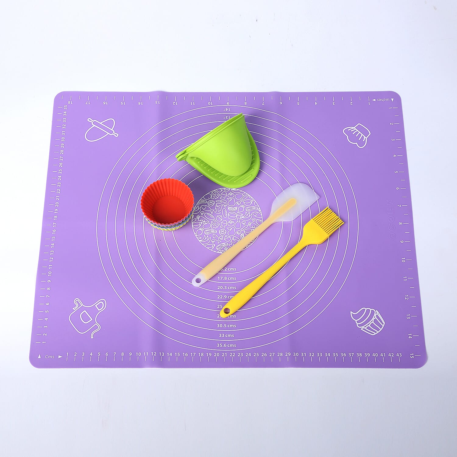 14 Piece Set Baking Tools (Includes 1xOil Brush, 1xScraper, 9xBaking Cups, 1xKneading Dough Mat, 2xSilicone Insulated Grips) - Multi