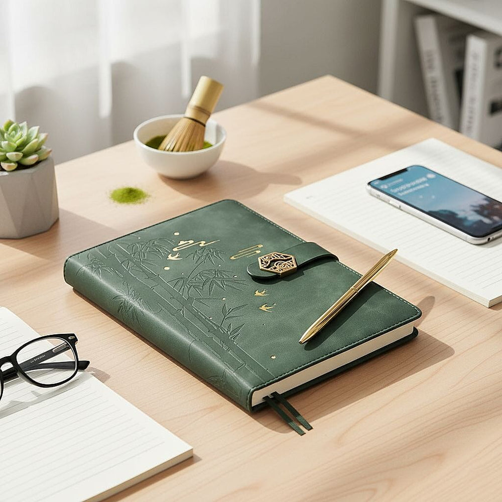 Set of 2 A5 Notebook & Black Ink Pen Gift Set - Bamboo Design with Magnetic Clasp - Green & Gold