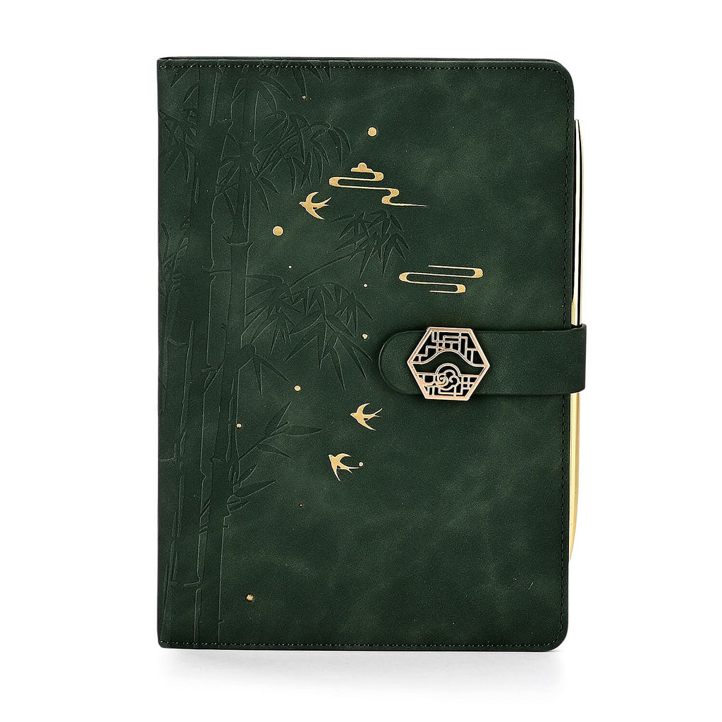 Set of 2 A5 Notebook & Black Ink Pen Gift Set - Bamboo Design with Magnetic Clasp - Green & Gold