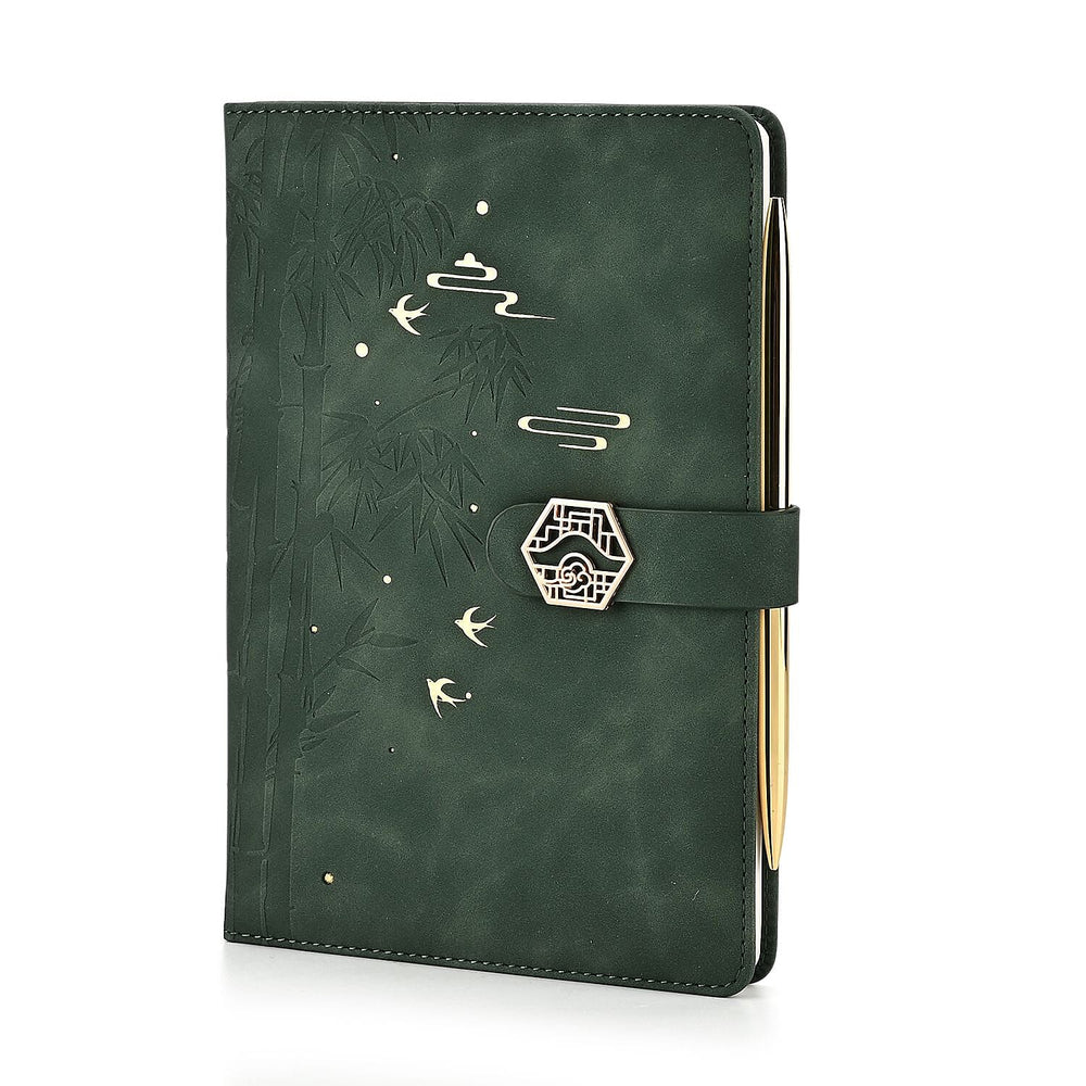 Set of 2 A5 Notebook & Black Ink Pen Gift Set - Bamboo Design with Magnetic Clasp - Green & Gold