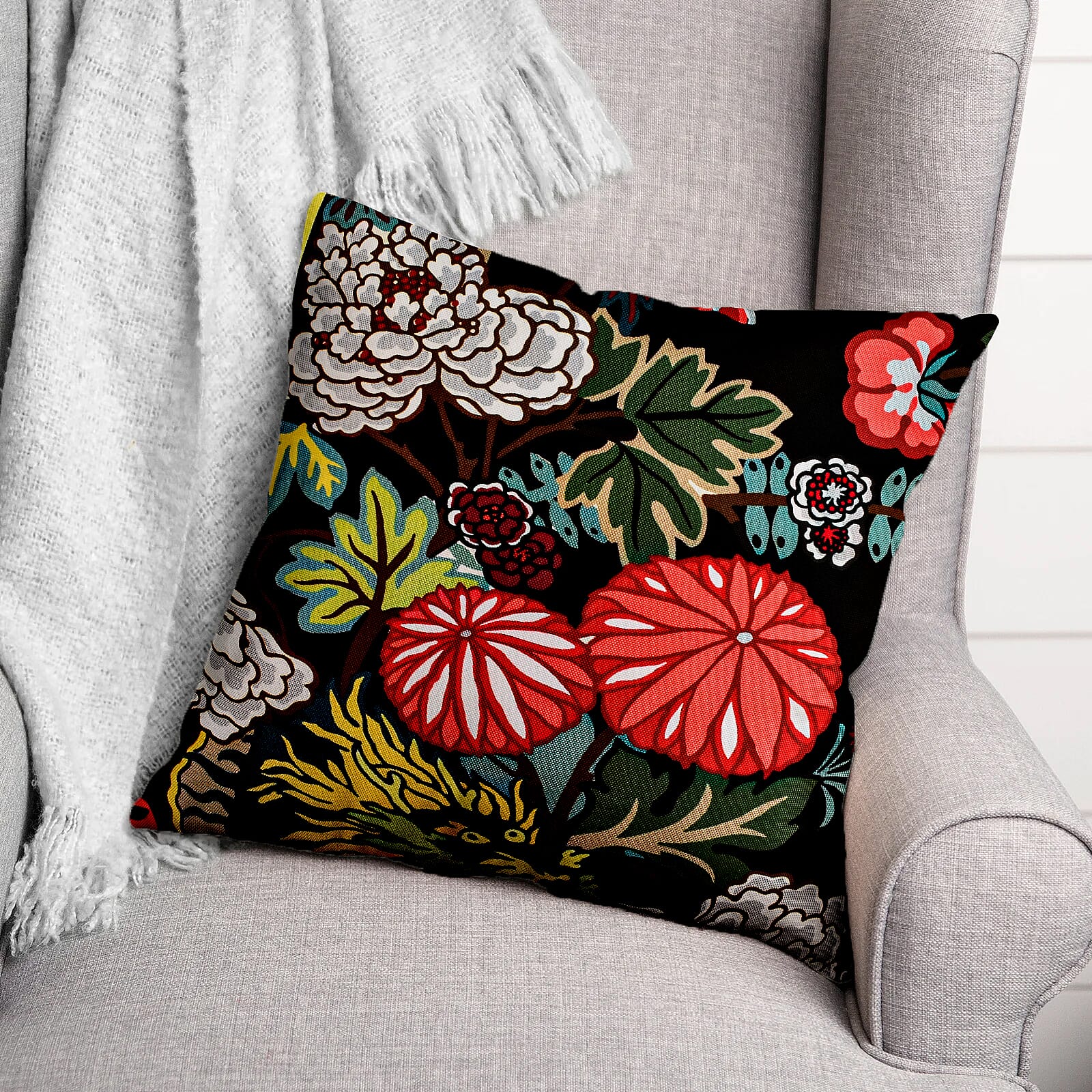 Set of 2 - Abstract Flower and Leaf Pattern Pillow Case and Cover (Size 45 cm) - Black - Multi