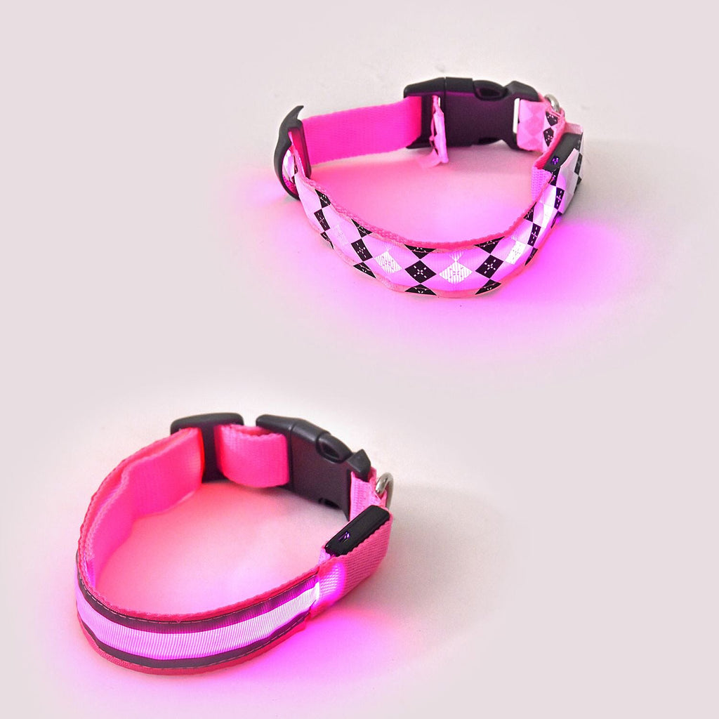Rechargeable Set of 2 Adjustable LED Lighted Dog Collar with Clip Closure (Size M) - Pink