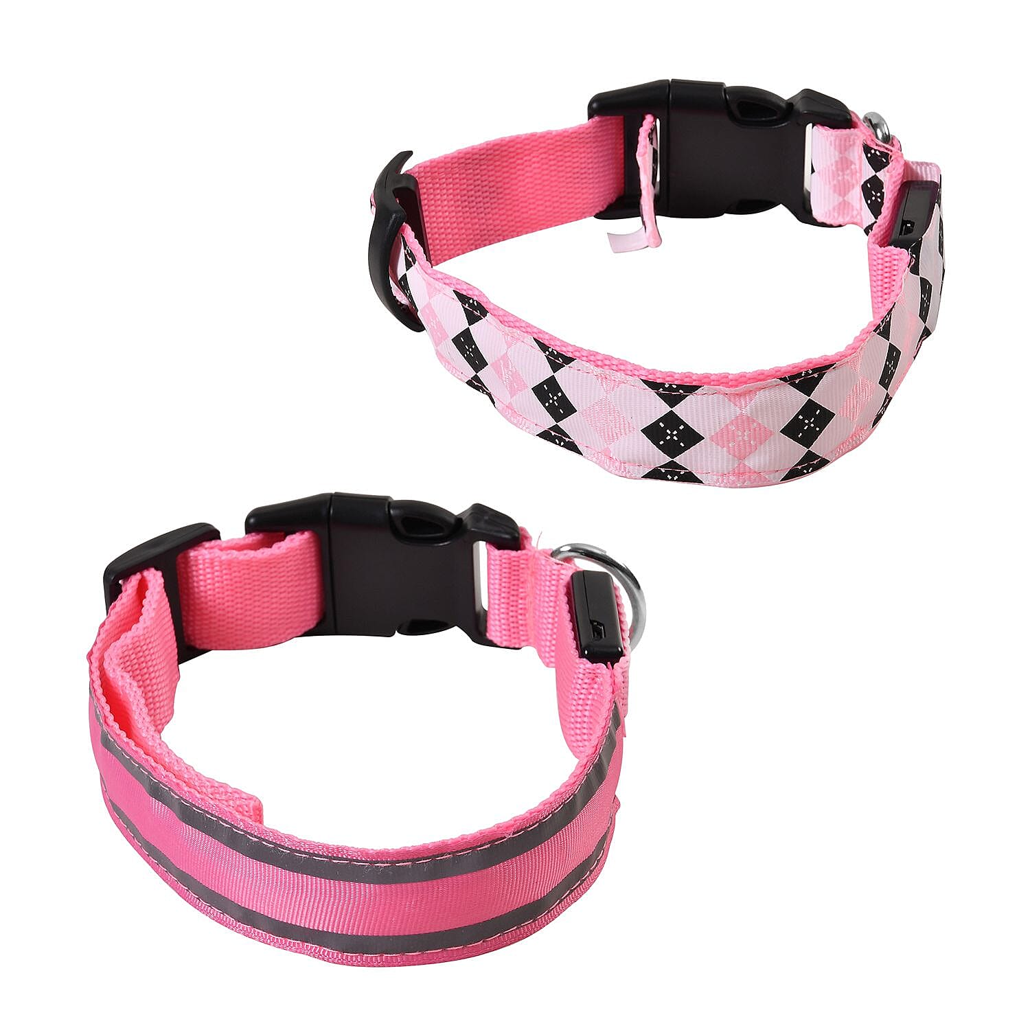 Rechargeable Set of 2 Adjustable LED Lighted Dog Collar with Clip Closure (Size M) - Pink