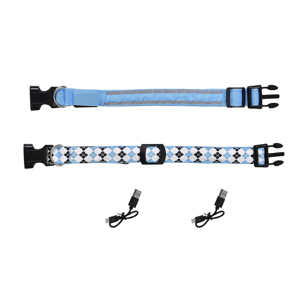 Rechargeable Set of 2 Adjustable LED Lighted Dog Collar with Clip Closure (Size M) - Blue
