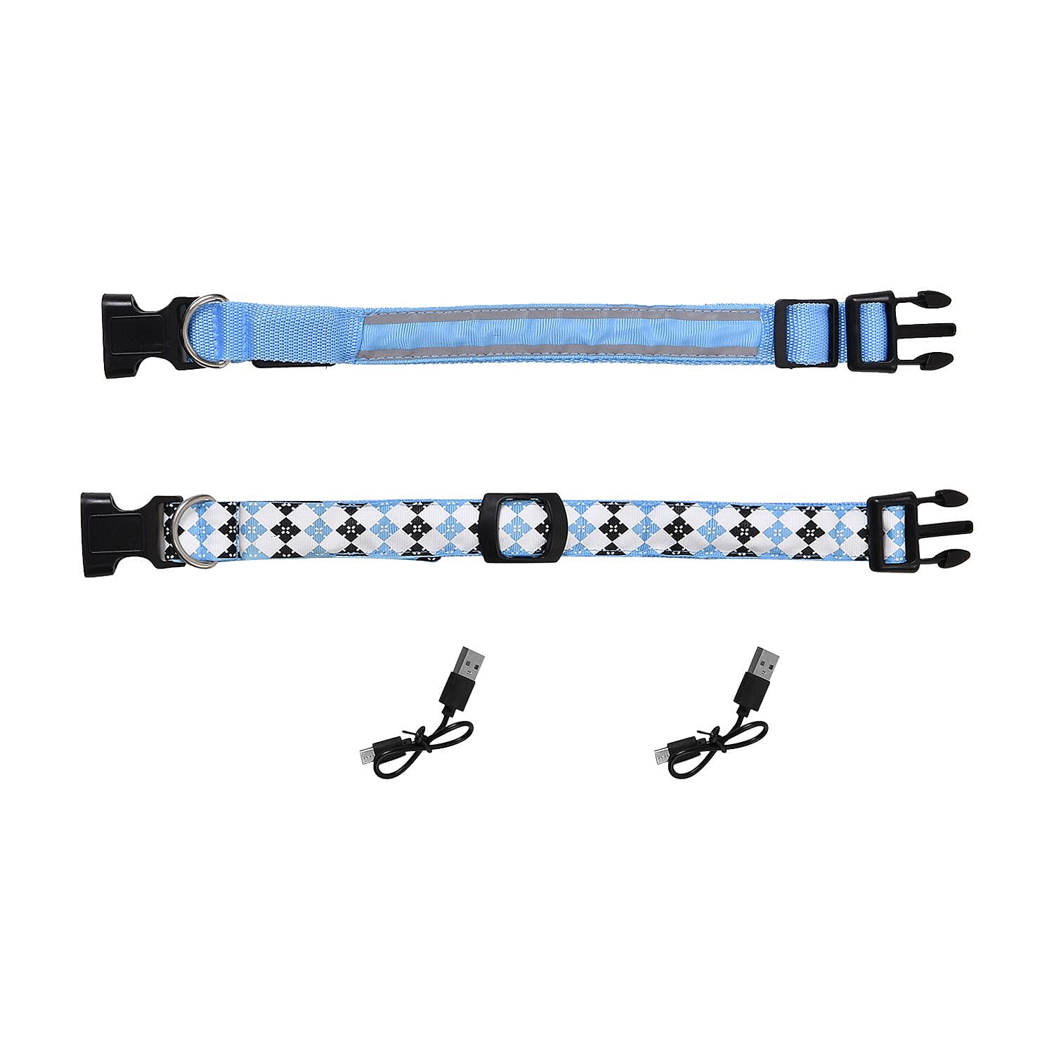 Rechargeable Set of 2 Adjustable LED Lighted Dog Collar with Clip Closure (Size M) - Blue