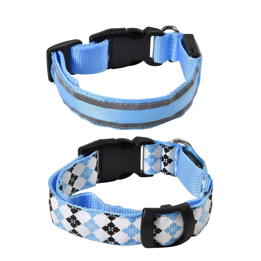 Rechargeable Set of 2 Adjustable LED Lighted Dog Collar with Clip Closure (Size M) - Blue