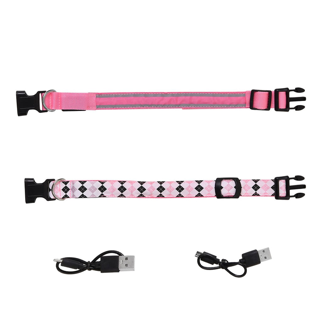Rechargeable Set of 2 Adjustable LED Lighted Dog Collar with Clip Closure (Size S) - Pink