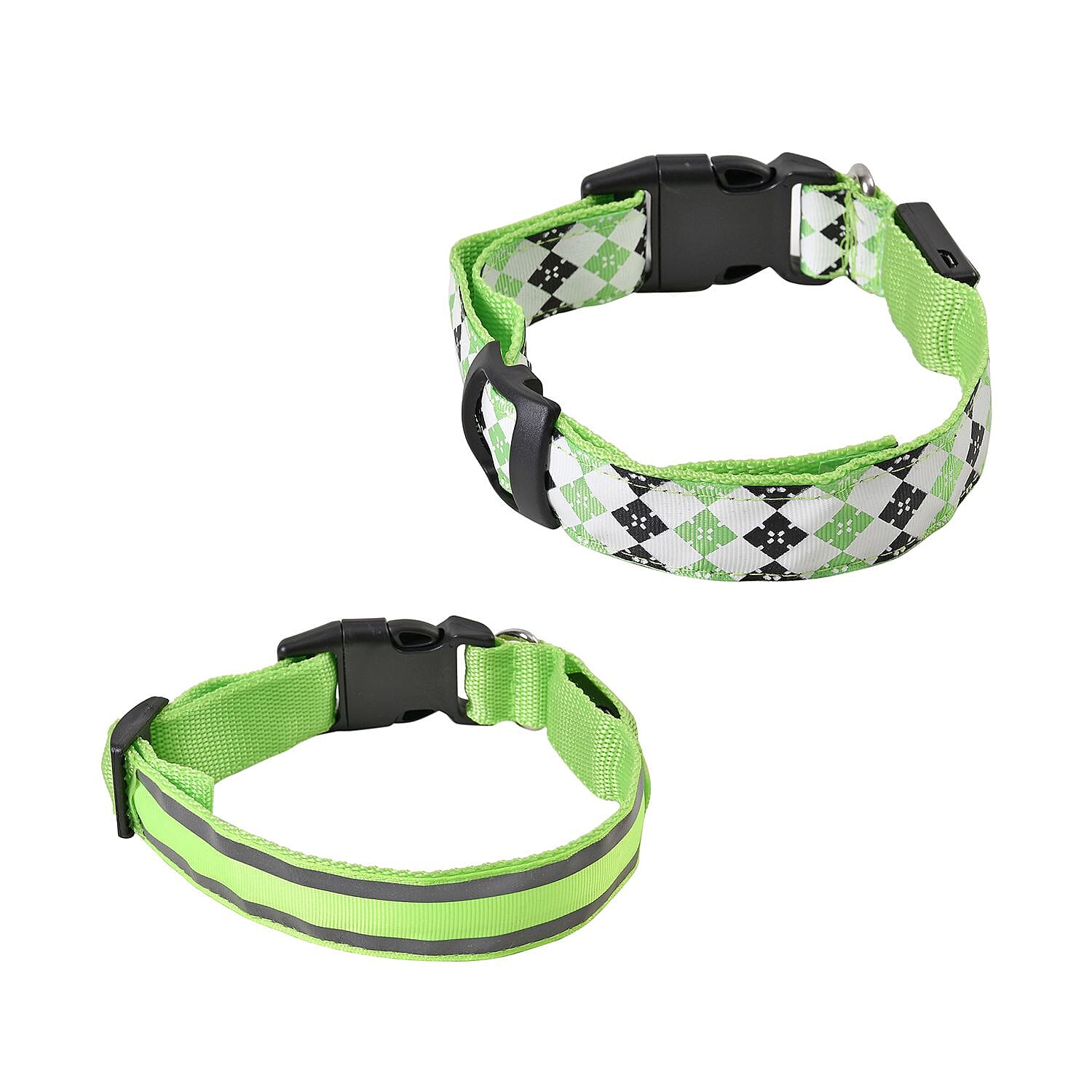 Rechargeable Set of 2 Adjustable LED Lighted Dog Collar with Clip Closure (Size L) - Green