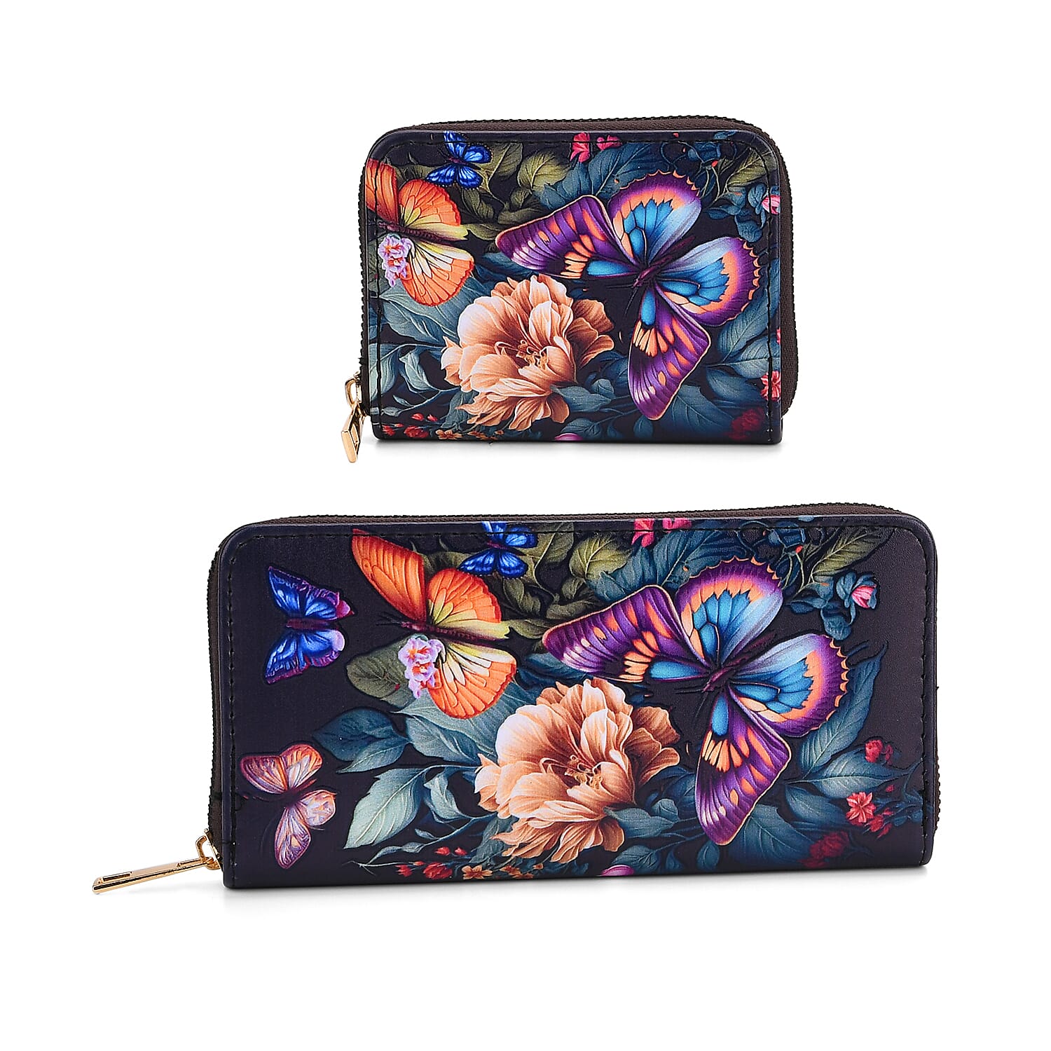 Set of 2- Butterfly Print Zip-Around Wallet & Clutch - Purple & Blue