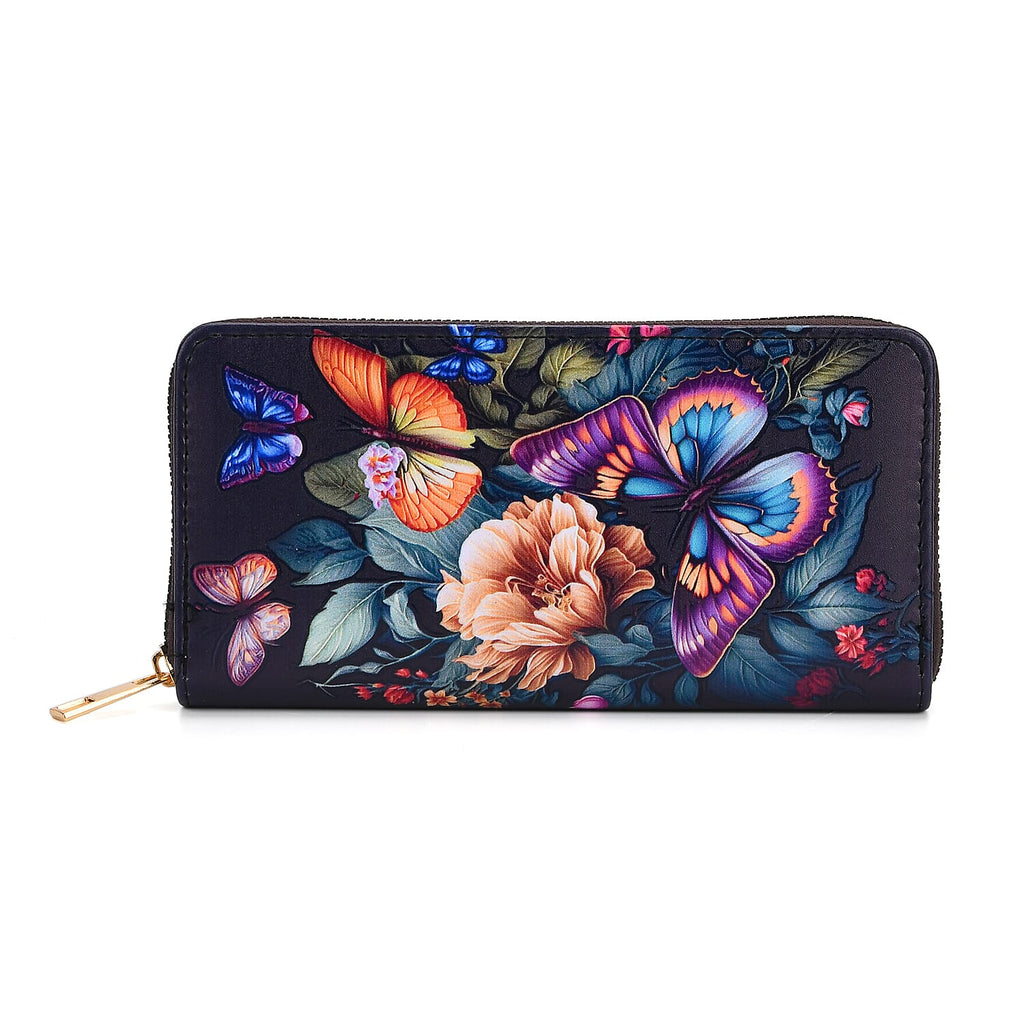Set of 2- Butterfly Print Zip-Around Wallet & Clutch - Purple & Blue