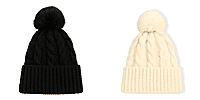 Set of 2 Chunky Cable Knit Beanie Hat with Faux Fur Pom-Pom - Black and Cream