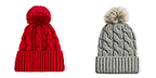 Set of 2 Chunky Cable Knit Beanie Hat with Faux Fur Pom-Pom - Grey and Red