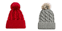 Set of 2 Chunky Cable Knit Beanie Hat with Faux Fur Pom-Pom - Grey and Red
