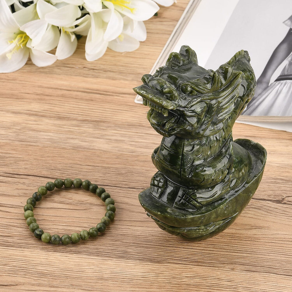 Set of 2 Collectors Edition - Serpentine (Chinese Jade) Carved Dragon Figurine with Bracelet (Size 7.5 Strechable) 7295.00 Ct.