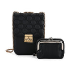 Elegant Monogram Quilted Phone Bag with Matching Clutch Card Holder - Black